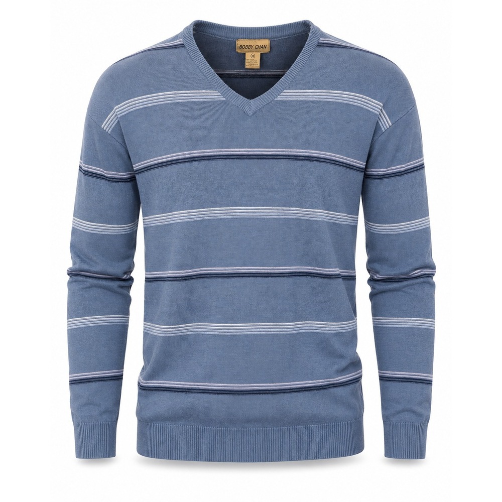 Bobby Chan Mens Blue Striped Silk Cotton Blend V-Neck Sweater XL